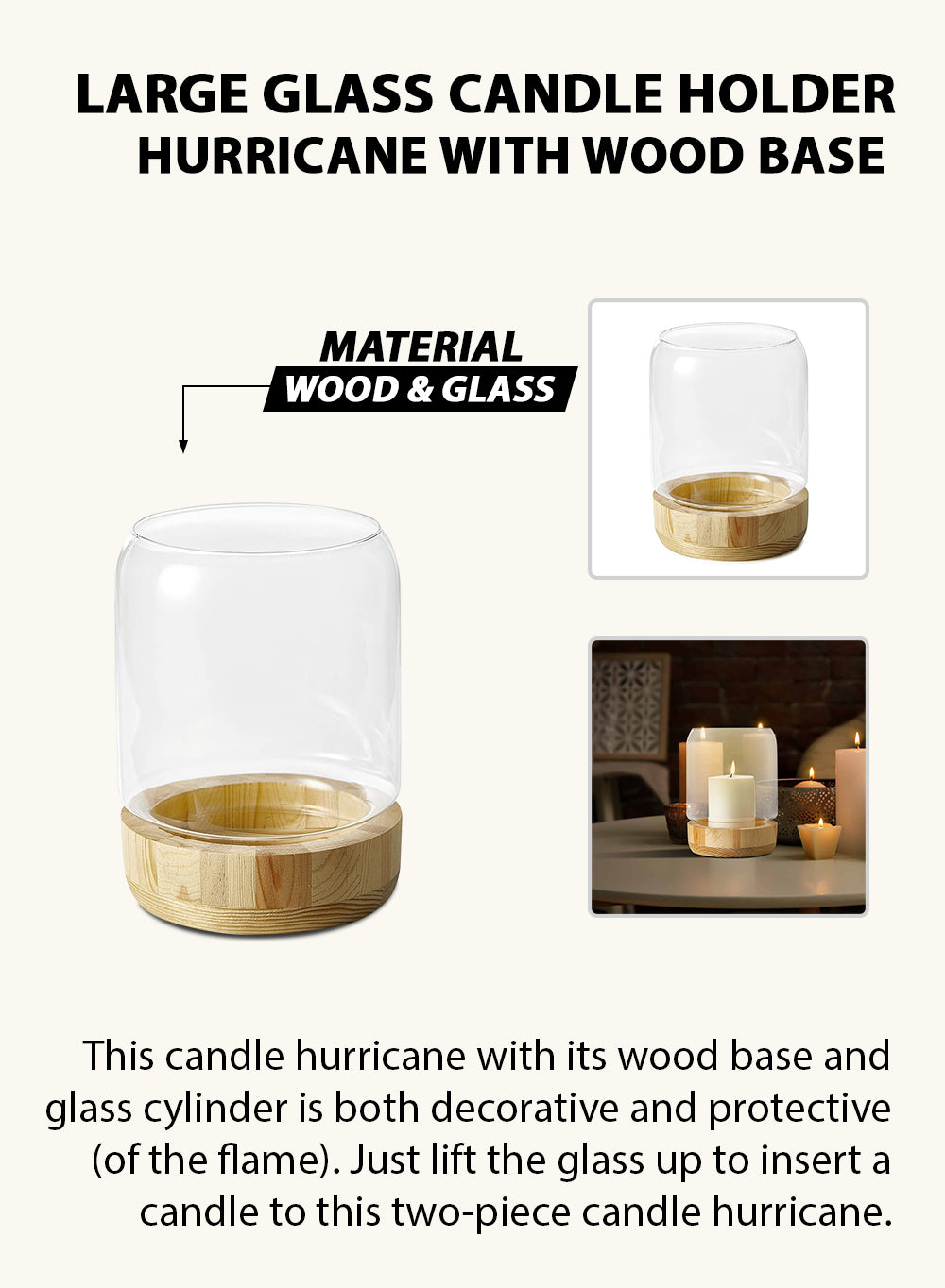 Glass Candle Holder Hurricane with Wood Base, in 2 Sizes