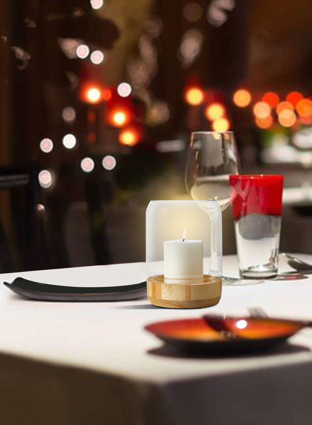 Glass Candle Holder Hurricane with Wood Base, in 2 Sizes