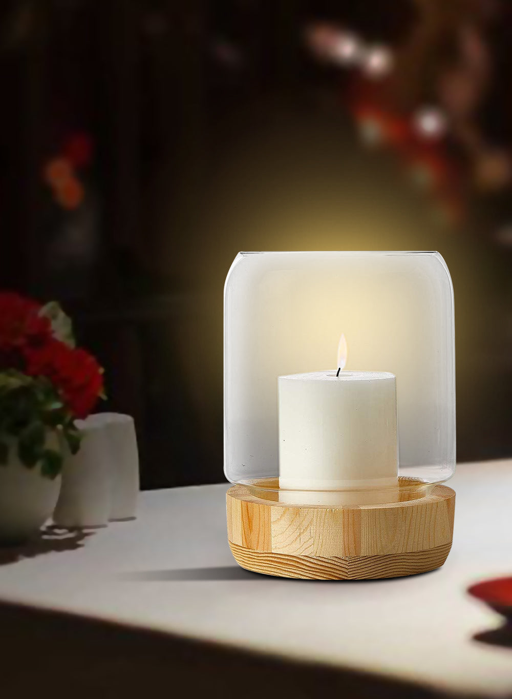 Glass Candle Holder Hurricane with Wood Base, in 2 Sizes