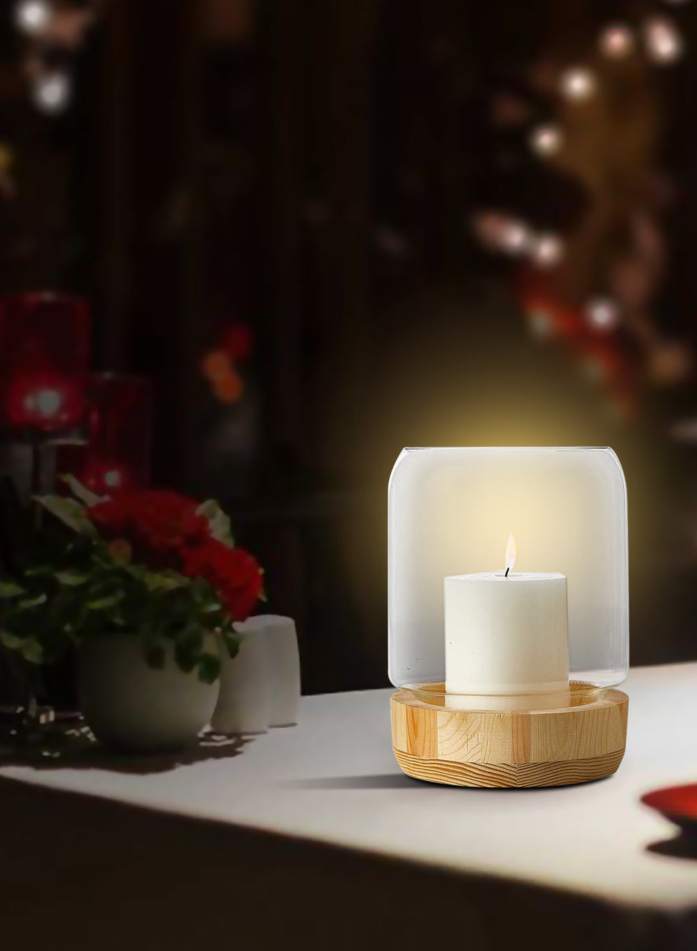 Glass Candle Holder Hurricane with Wood Base, in 2 Sizes