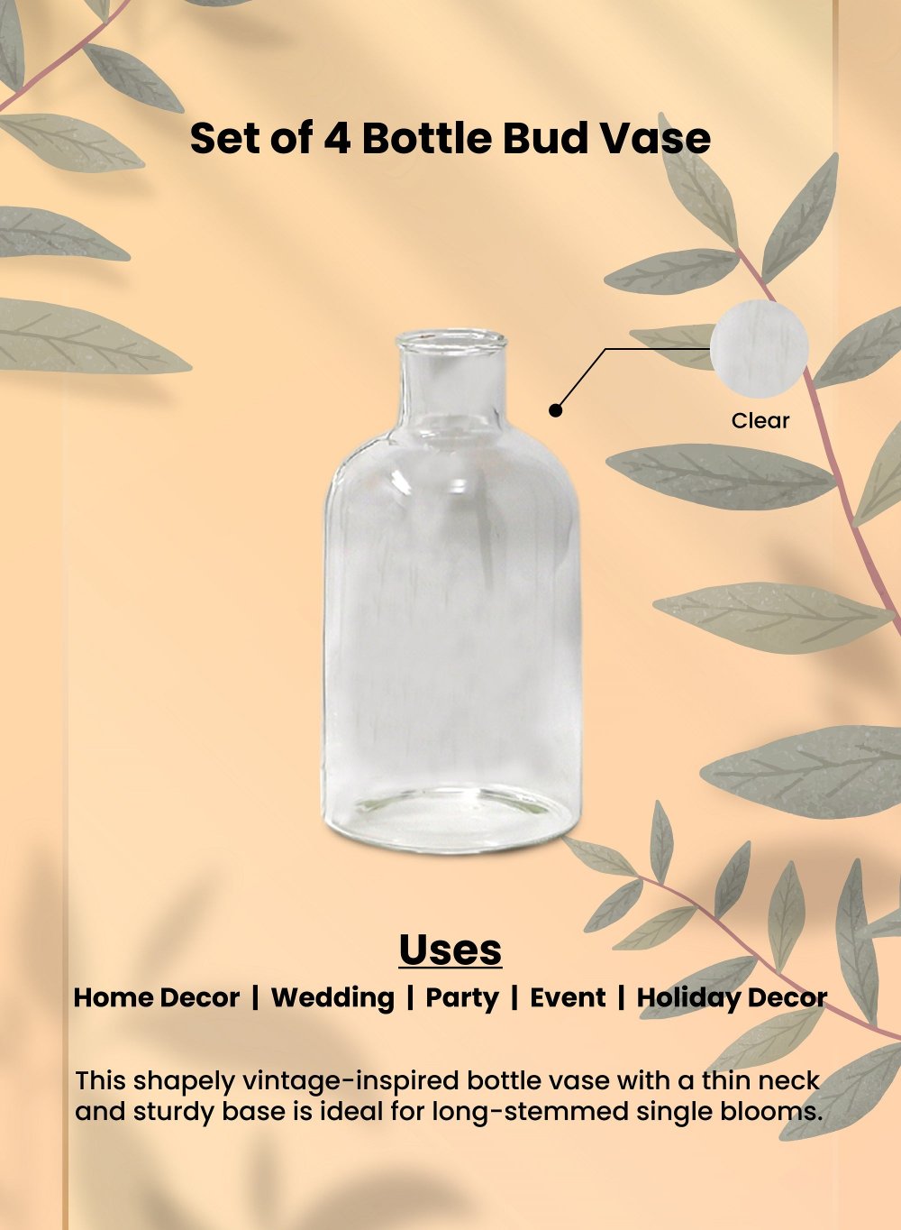 Bottle Bud Vase, 3" Diameter & 5.75" Tall, Pack of 4