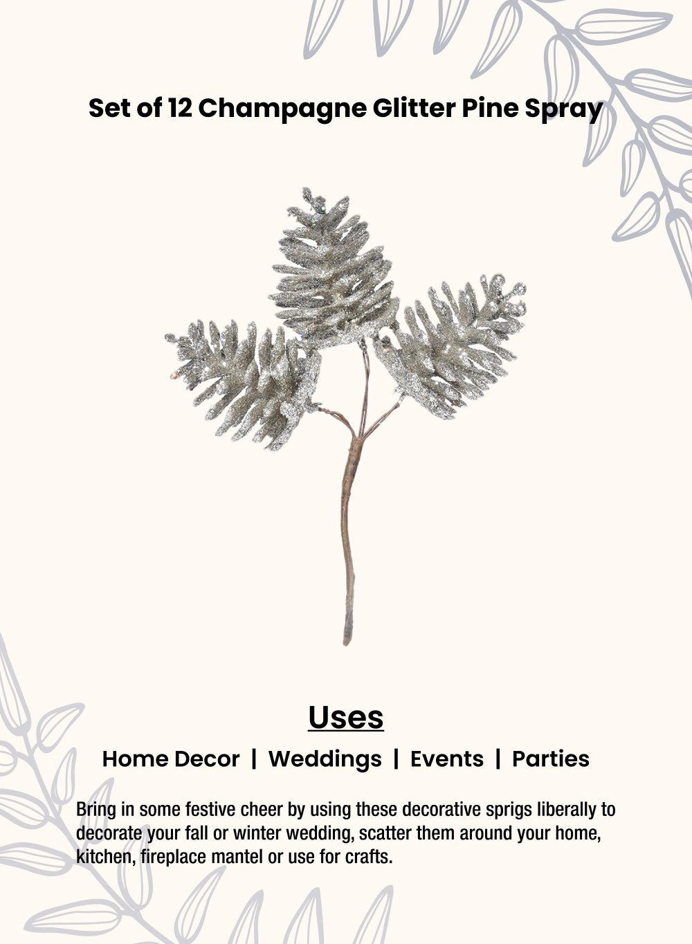 6" Champagne Gold Glitter Pine Spray - Set of 12