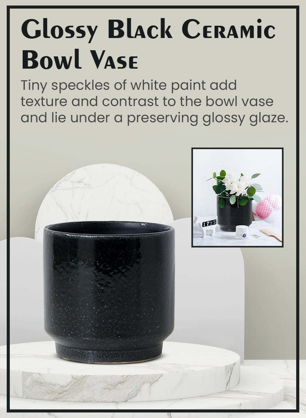 Glossy Black Ceramic Bowl Vase, Available in 3 Sizes