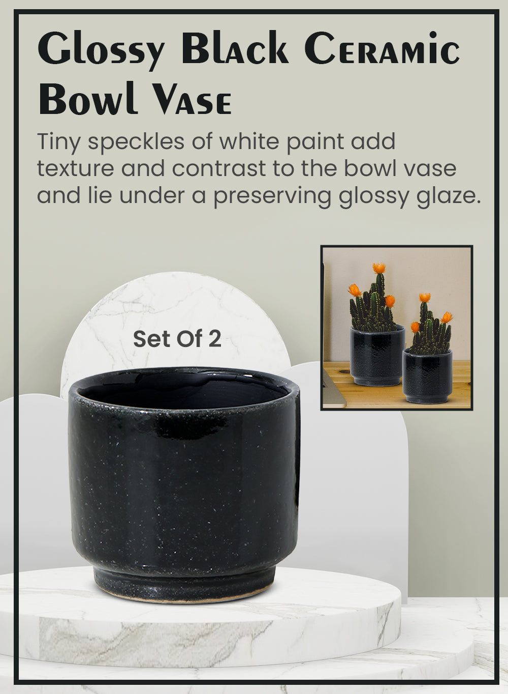 Glossy Black Ceramic Bowl Vase, Available in 3 Sizes