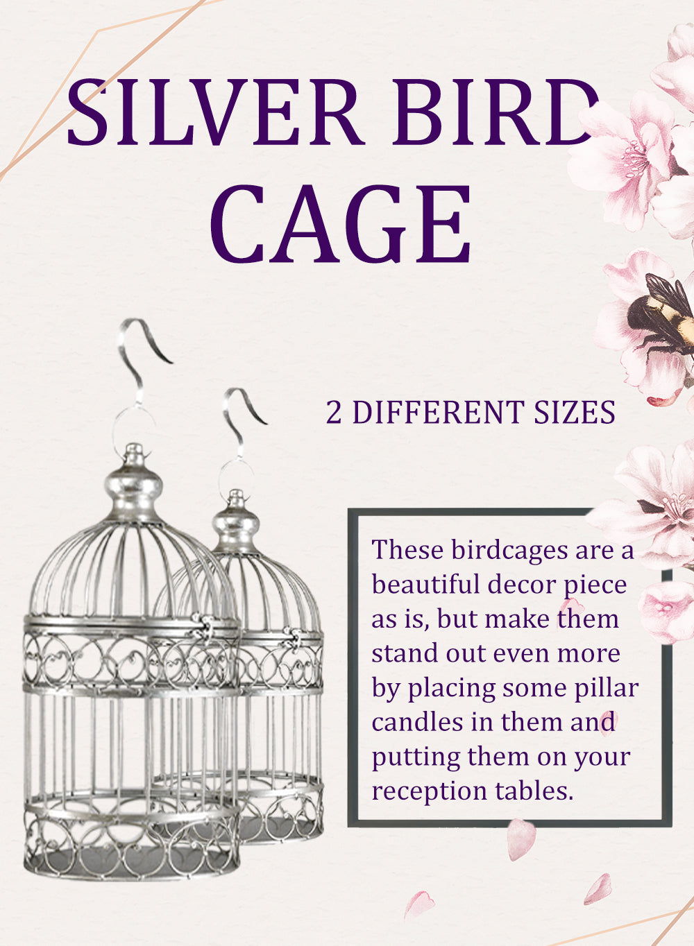 Birdcage Decor, Silver Metal in 2 Sizes & Color