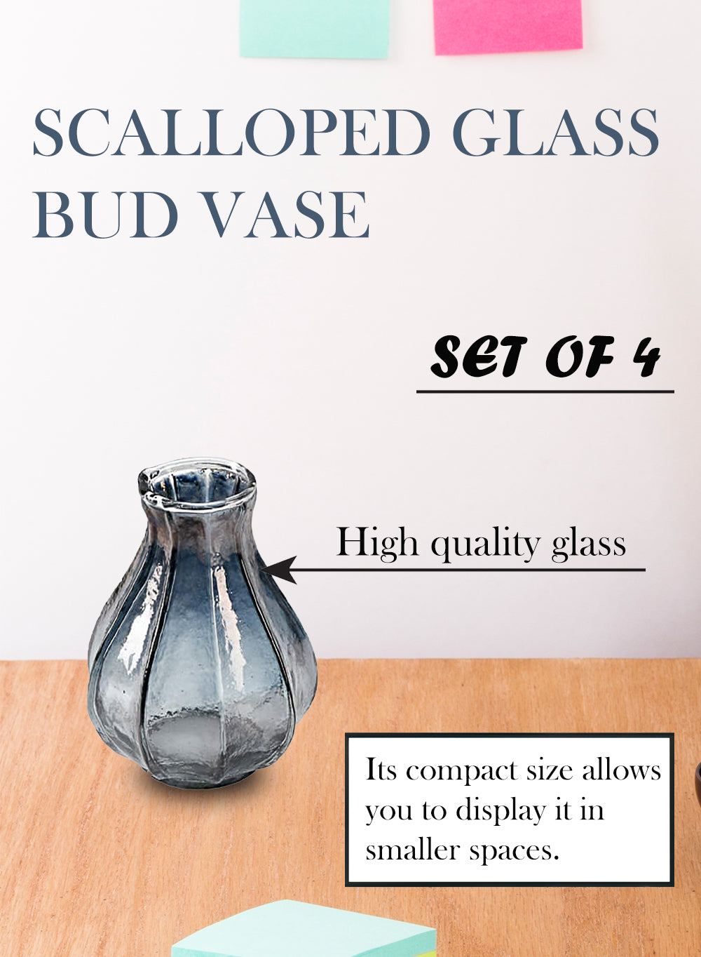 Scalloped Glass Bud Vase,3.25" Diameter & 4" Tall,Set of 4