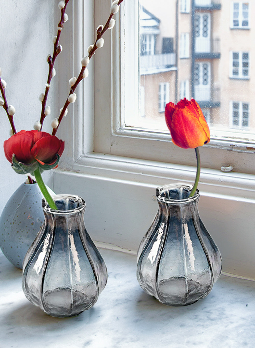 Scalloped Glass Bud Vase,3.25" Diameter & 4" Tall,Set of 4
