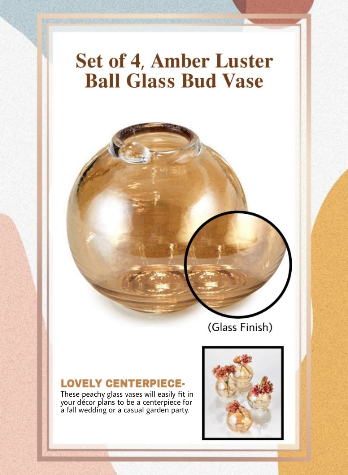 Amber Luster Ball Glass Bud Vase, 3" Tall & 2.75" Diameter, Pack of 48