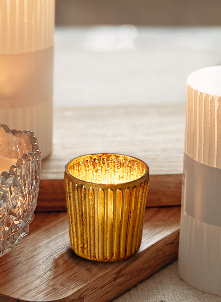 Ribbed Amber Glass Votive Holder, Candle Holder