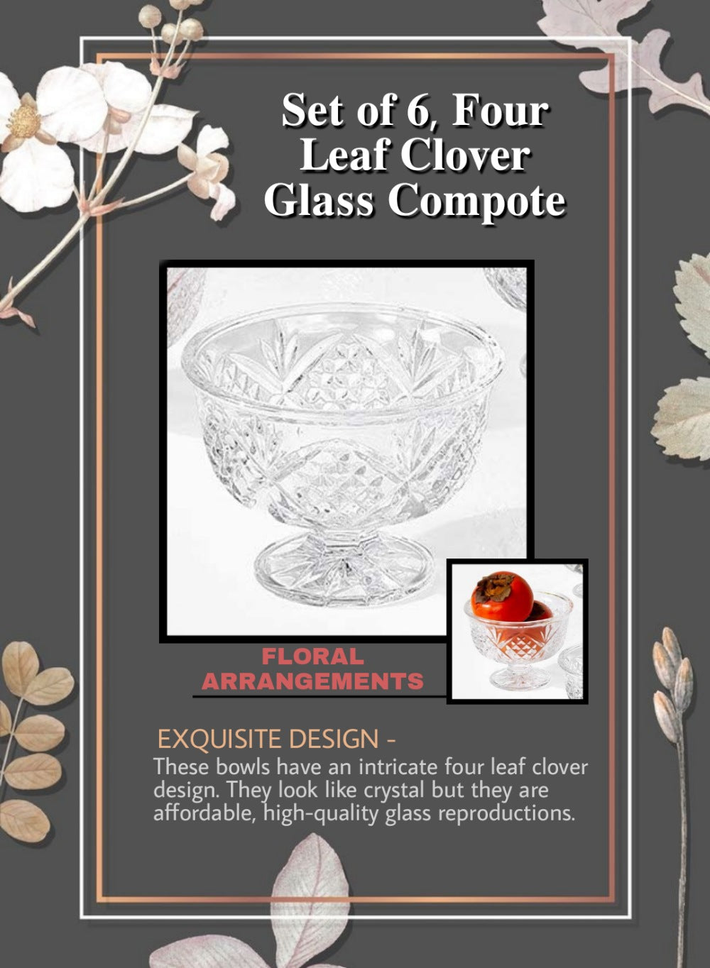 Four Leaf Clover Glass Compote, 3.5" Tall & 4" Diameter, Pack of 6