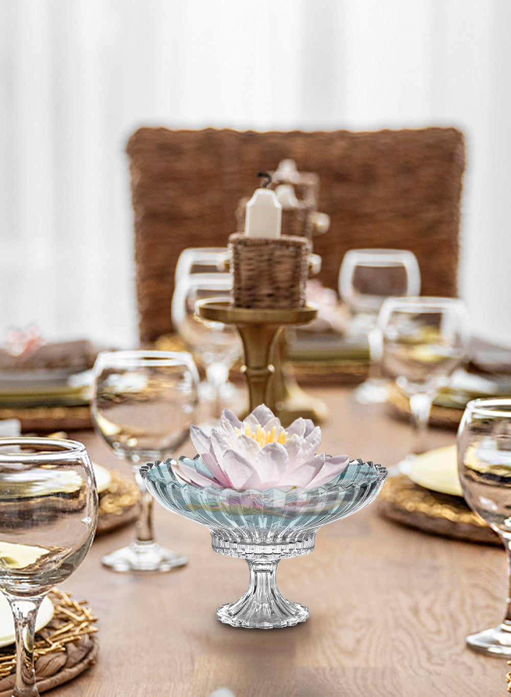 Ribbed Glass Pedestal Flower Compote-Fruit Bowl, In 2 Sizes