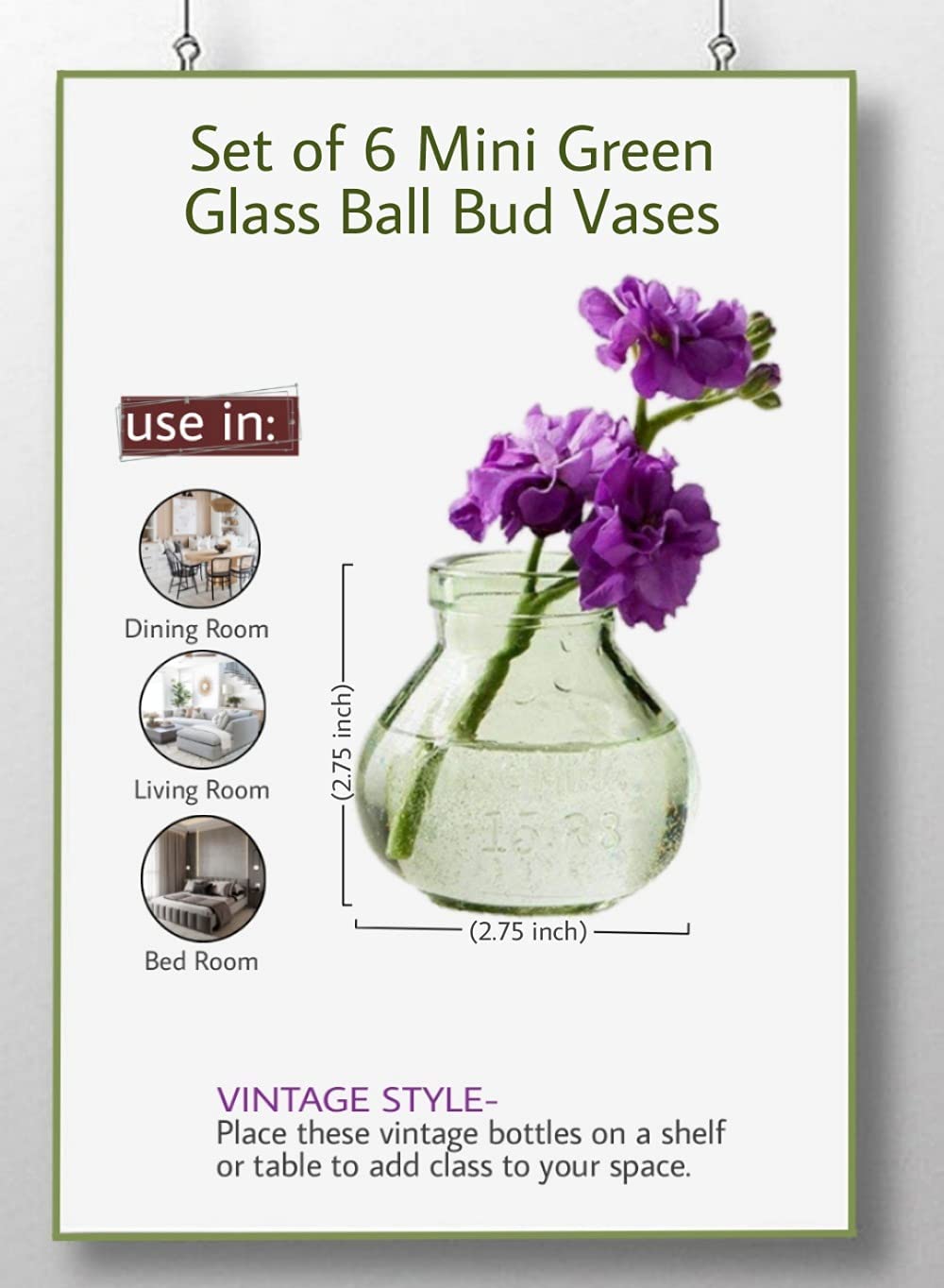 Vintage Green Glass Vase, Set of 6, in 3 Shapes