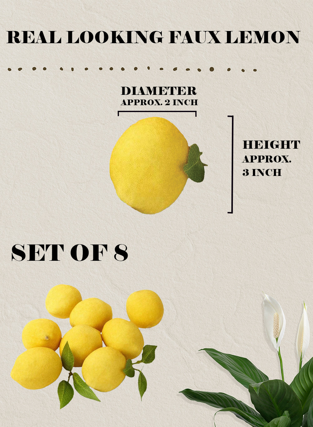 Decorative Faux Lemons with Leaves for Display, Set of 8 & 48