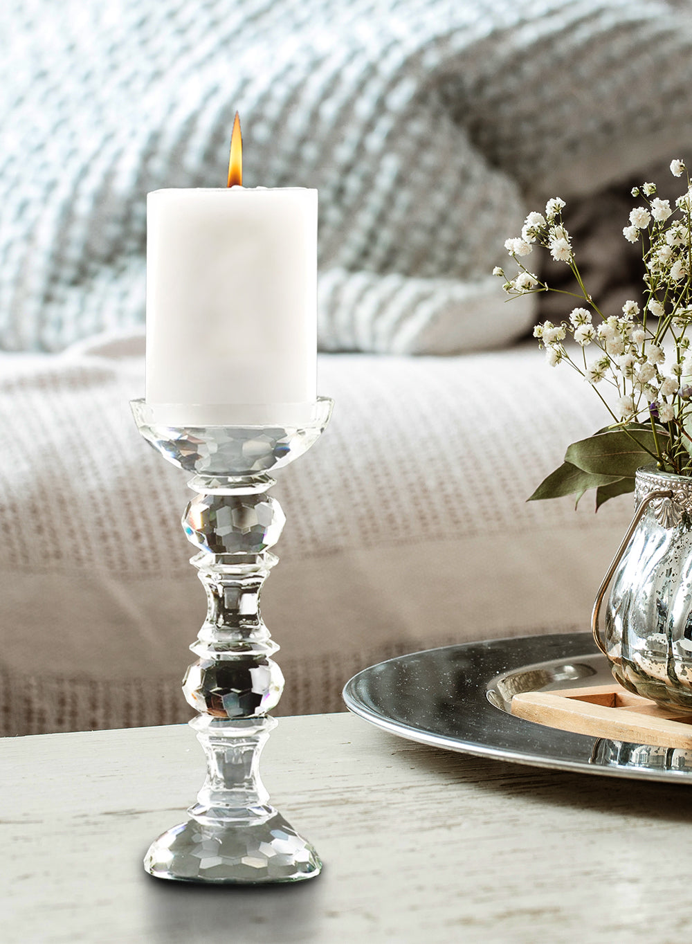 Crystal Glass Pillar Candle Holders, in 2 Sizes
