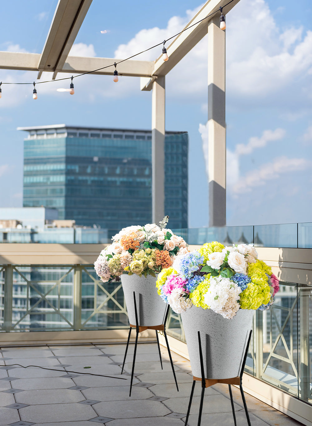 grey plant pot with stand Grey Sandstone Pot with Metal Stand | Planter