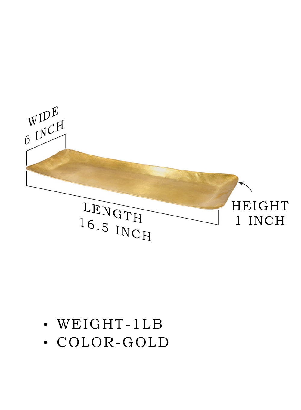 Gold Rectangle Brass Tray, 16.5" Long X 6" Wide X 1" Tall