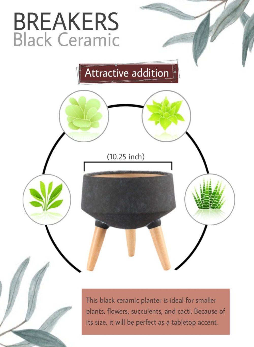 10.25" Black Ceramic Pot with Wooden Legs