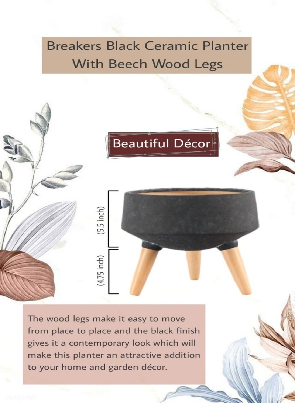 10.25" Black Ceramic Pot with Wooden Legs