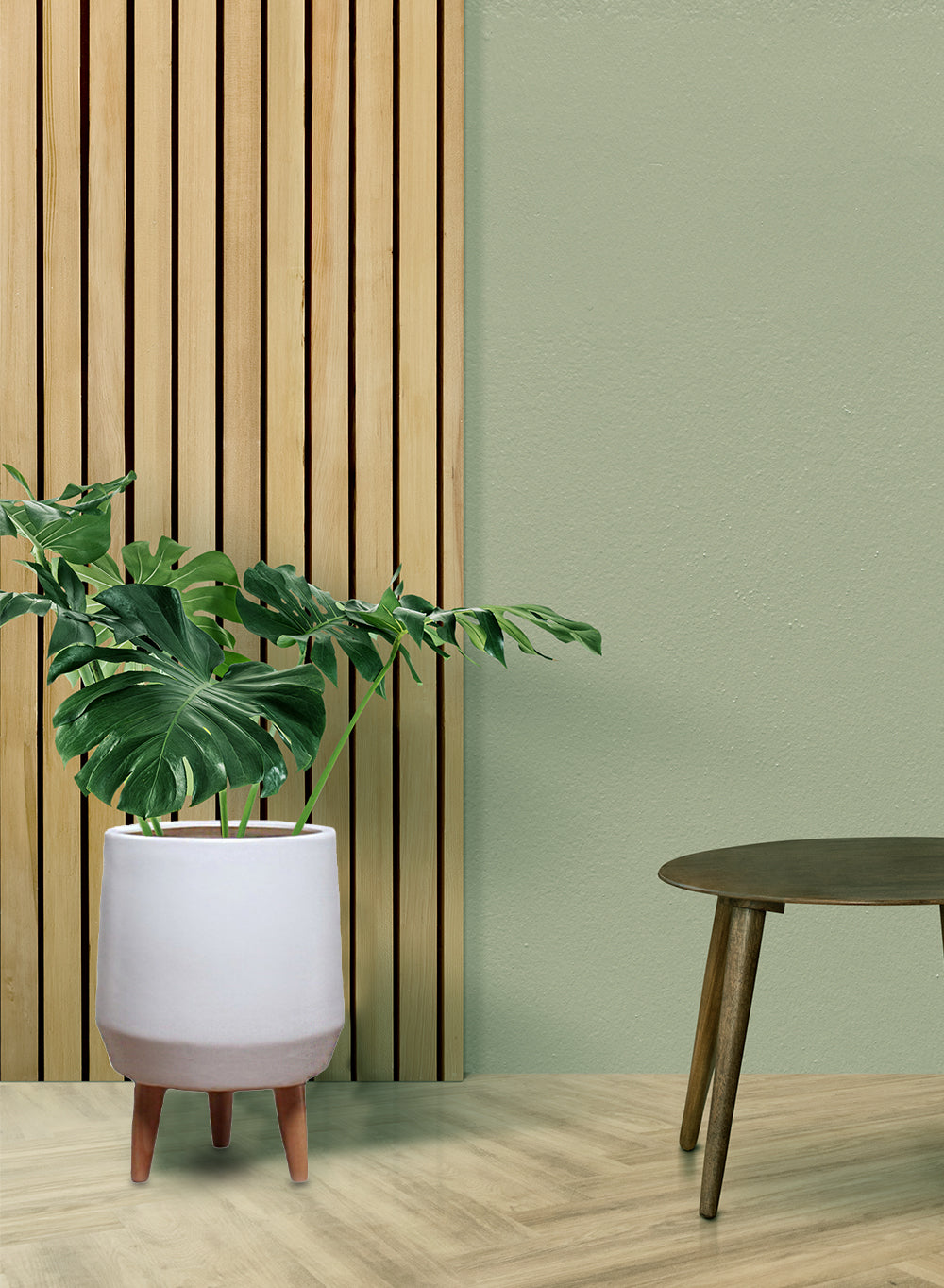 15.75" White Ceramic Pot with Wooden Legs