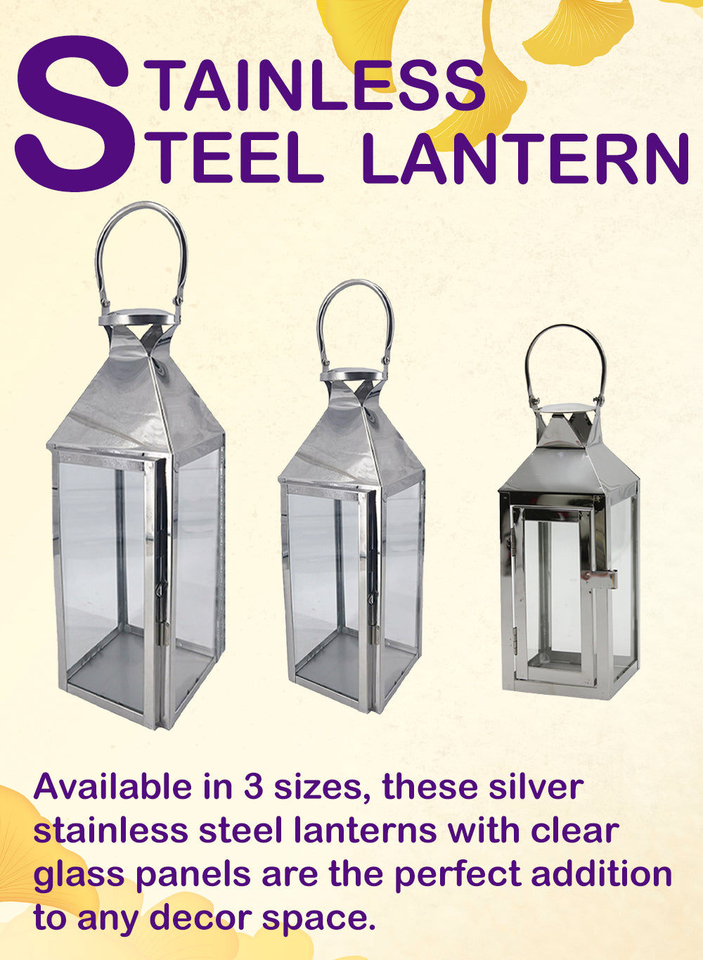 Square Stainless Steel Lantern, in 3 Sizes & 2 Colors