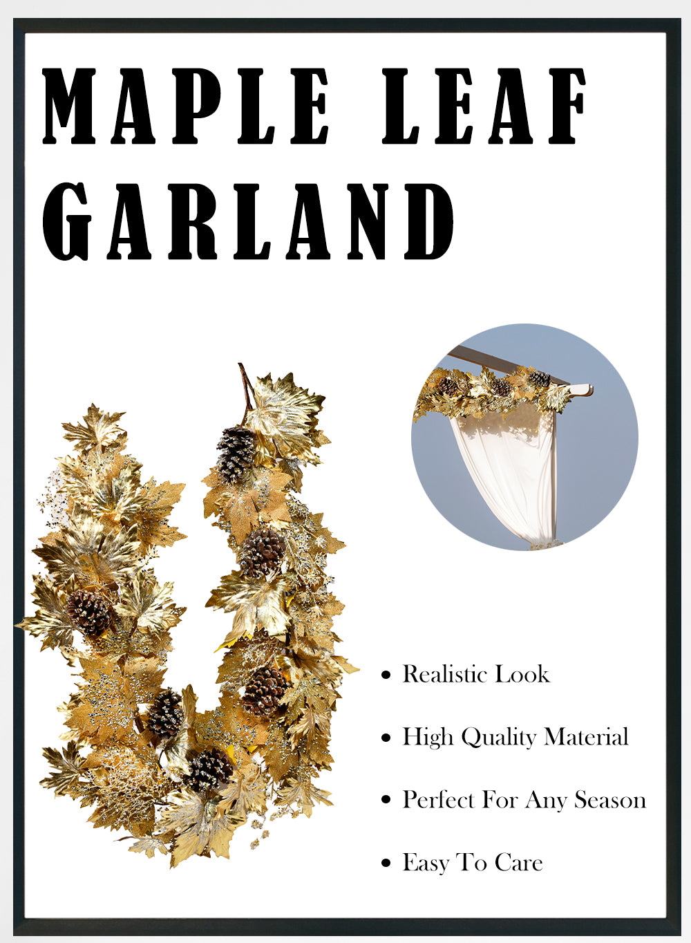 Artificial Gold Maple Leaf Garland with Pinecones, 72" Long
