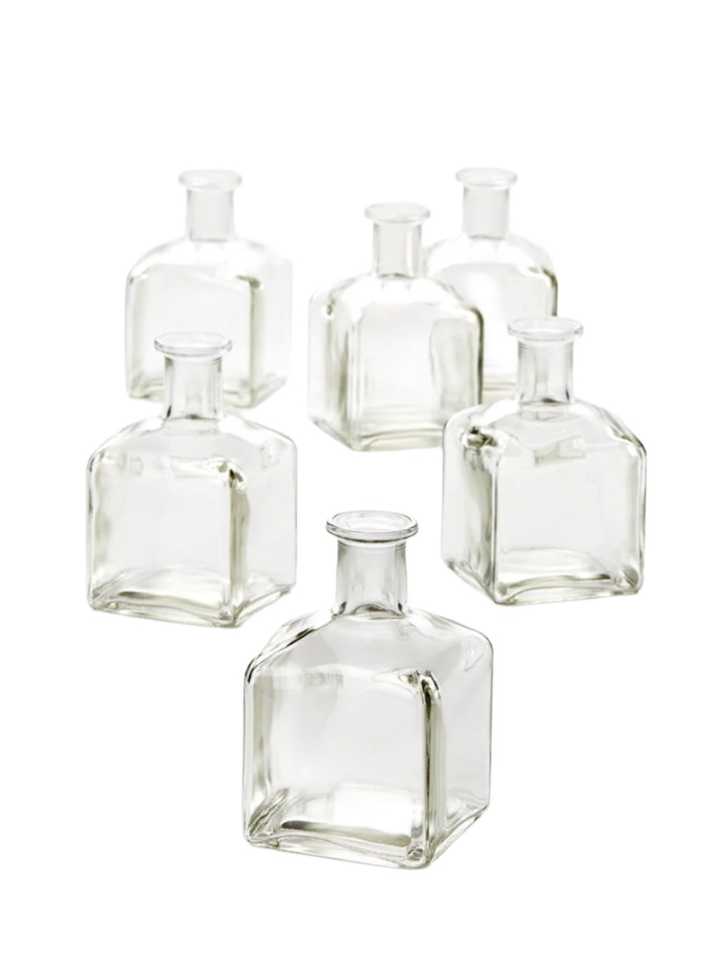 Serene Spaces Living Glass Bottle Bud Vases Set of 6, 36 or 48, Vintage Square Bottle Style - Elegant Vases, 4.5" Tall by 2" Square