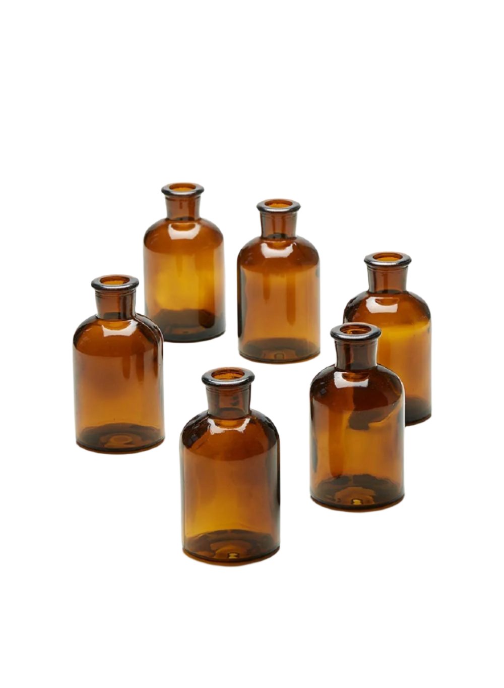 Dark Amber Medicine Bottle Bud Vases, Set of 6, in 2 Sizes