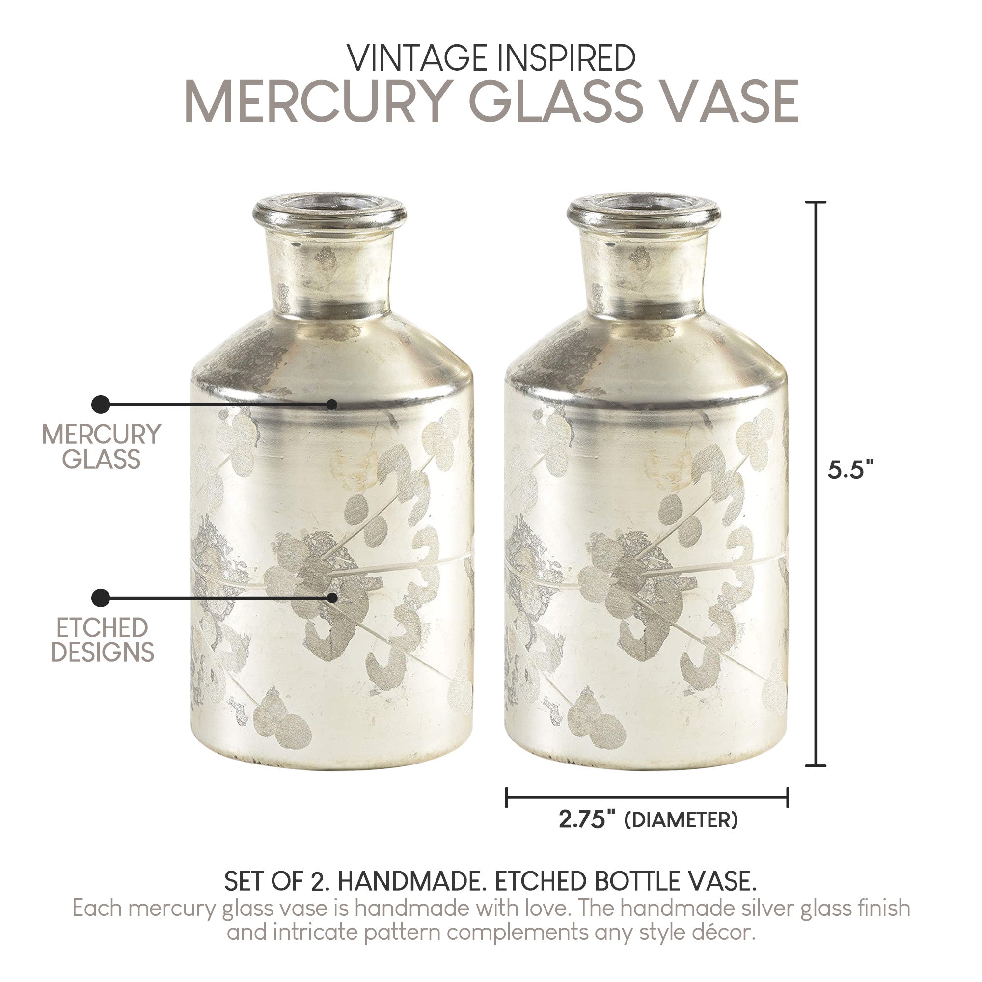 Mercury Glass Etched Bottle Vases