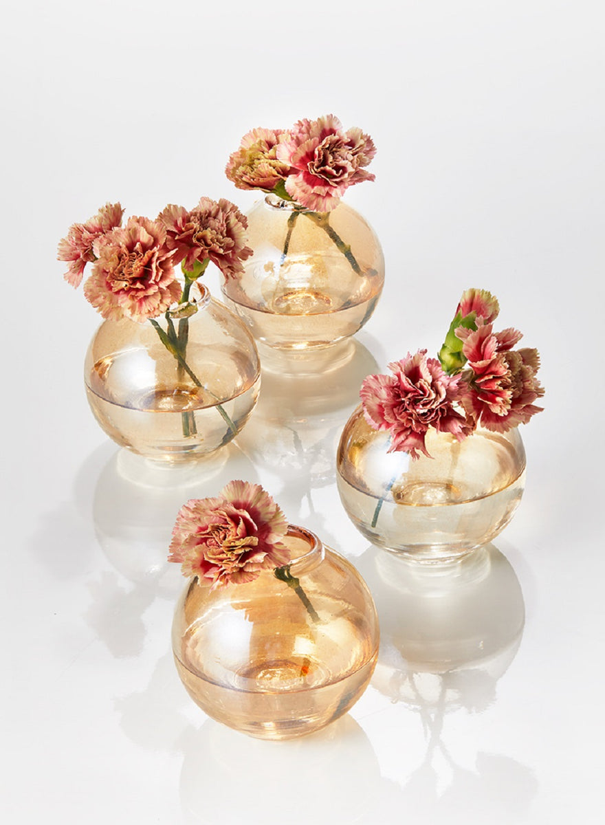 Serene Spaces Living Set of 4 or 48 Clear/ Amber Ball Glass Bud Vase, Short  Vases For Centerpieces for Home Decor, Events, Weddings, Measures 3 Tall &  2.75 Diameter