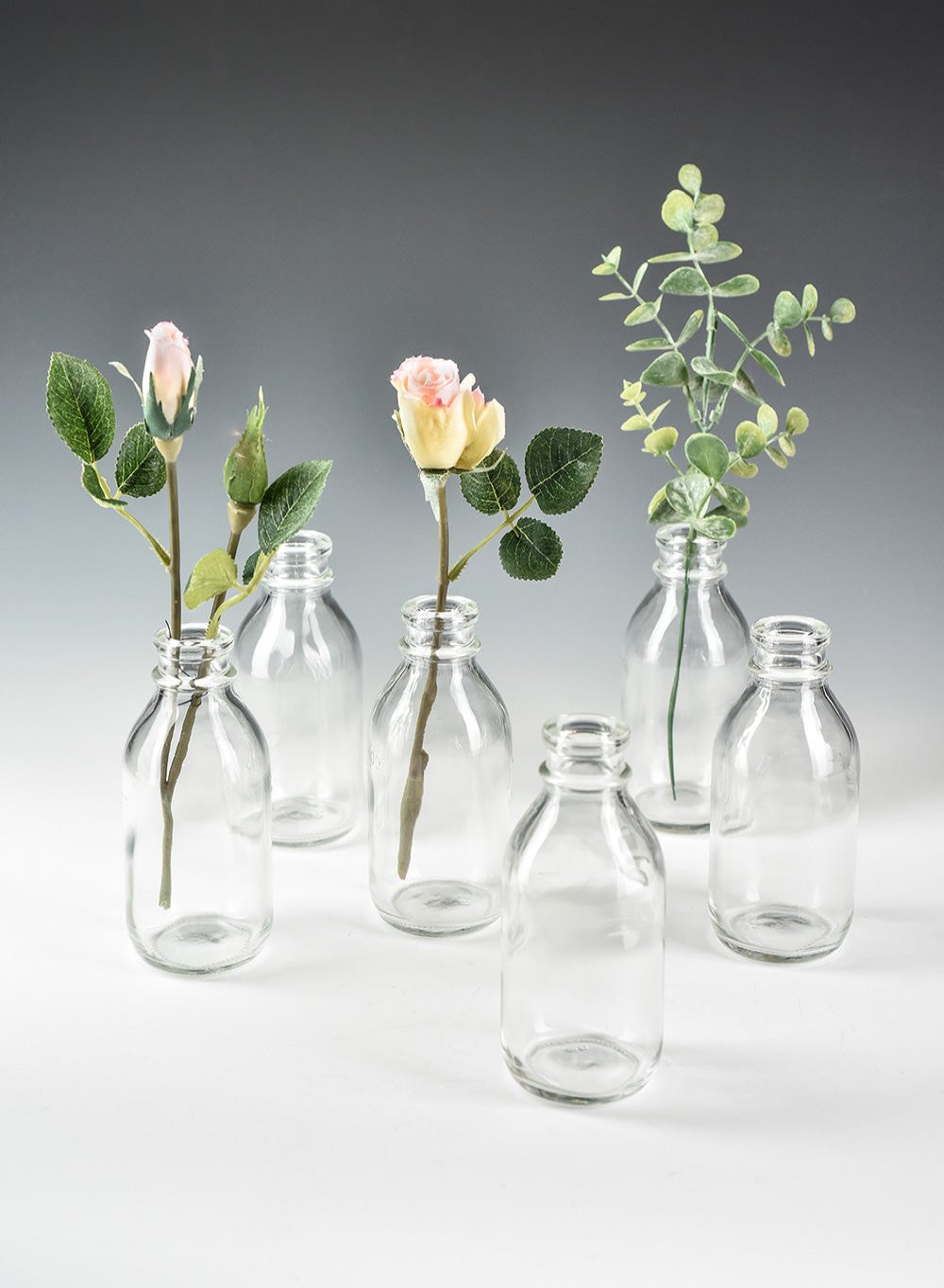 Glass Milk Bottle Bud Vases, 2" Diameter & 4.25" Tall, Pack of 6 & 48