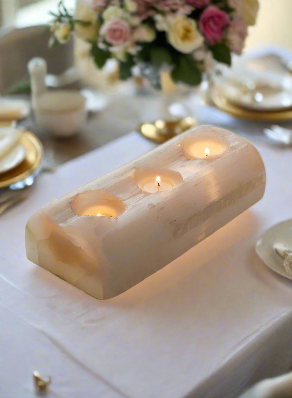 Genuine Selenite Log for 3 or 5 Tealight Candle for Healing