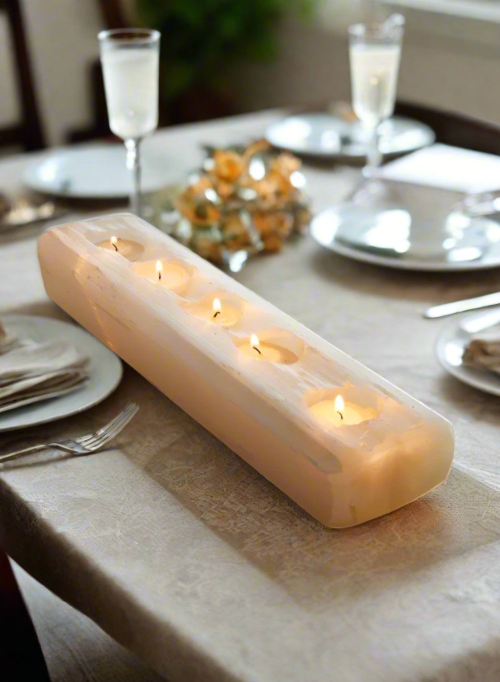 Genuine Selenite Log for 3 or 5 Tealight Candle for Healing