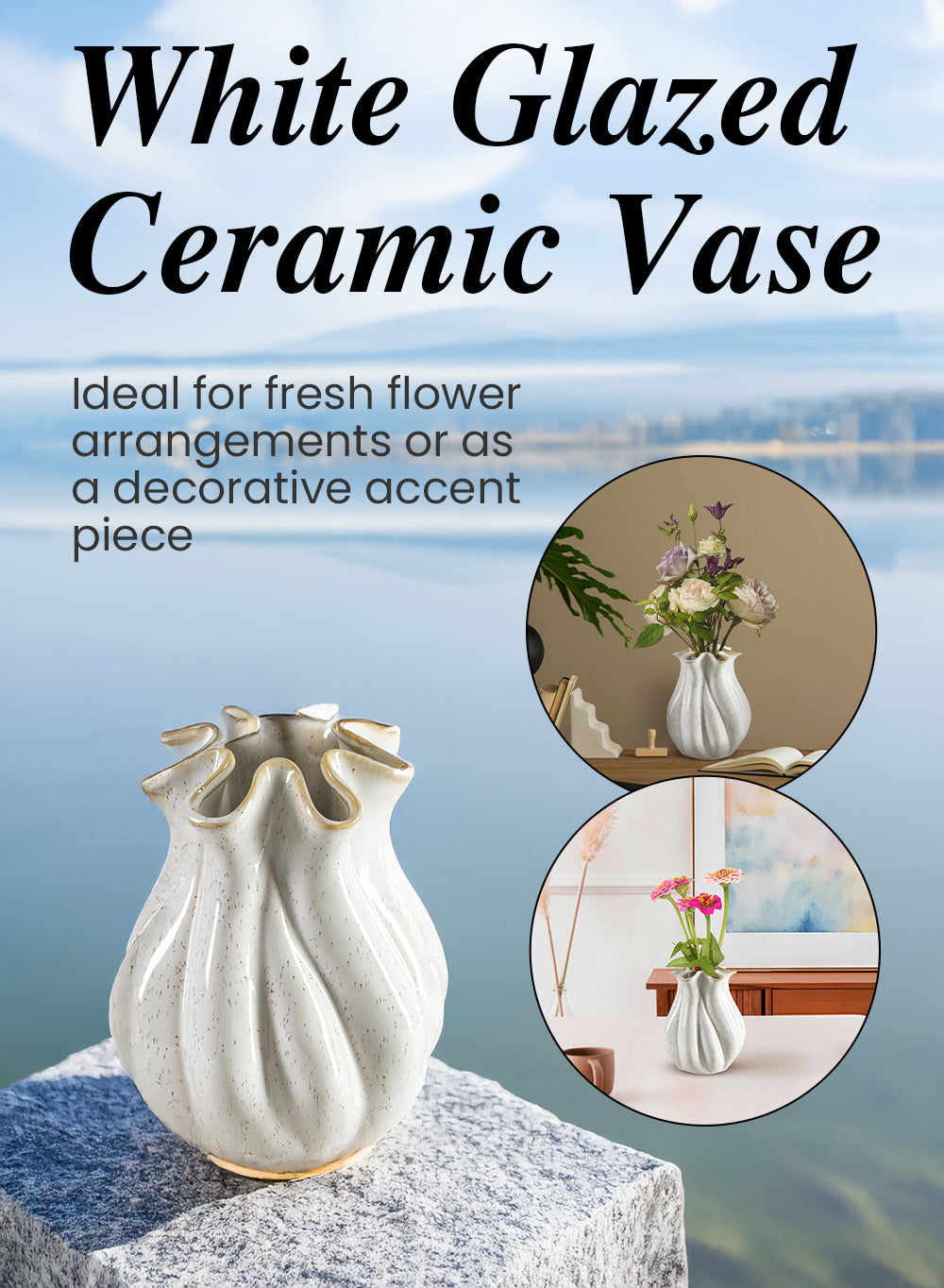 8.5" White Glazed Ceramic Vase – Organic Shaped Flower Holder, Elegant Decor