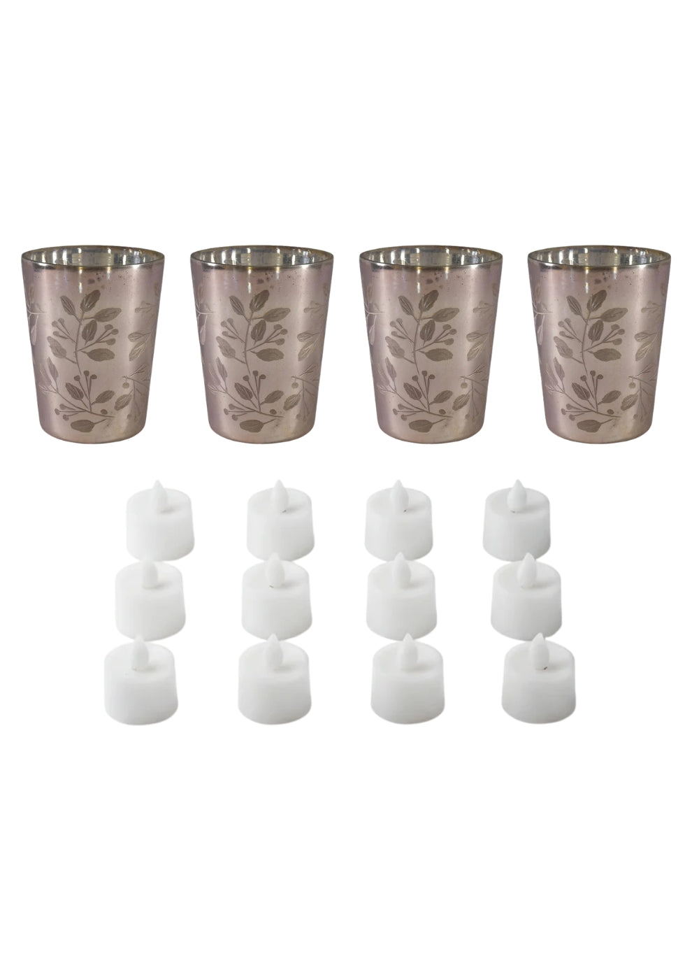 Bundle: Rose Gold Mercury Glass Holder (Pack of 4) & Flameless LED Tea Light Candles with Battery Included (Pack of 12)