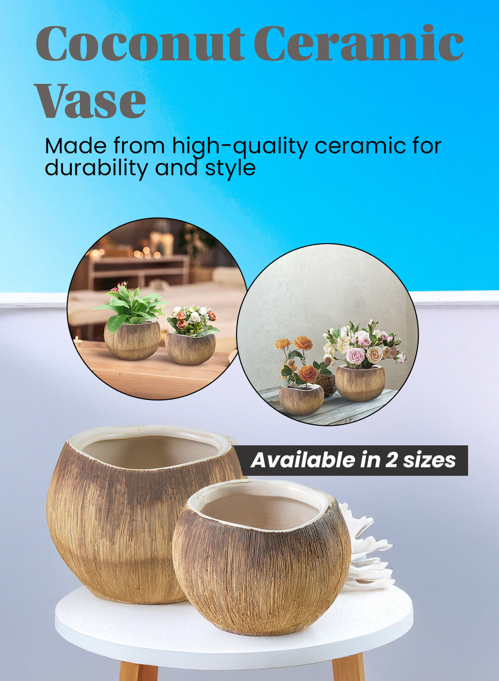 Coconut Ceramic Vase – Tropical-Inspired Flower Holder, Elegant Home & Event Decor