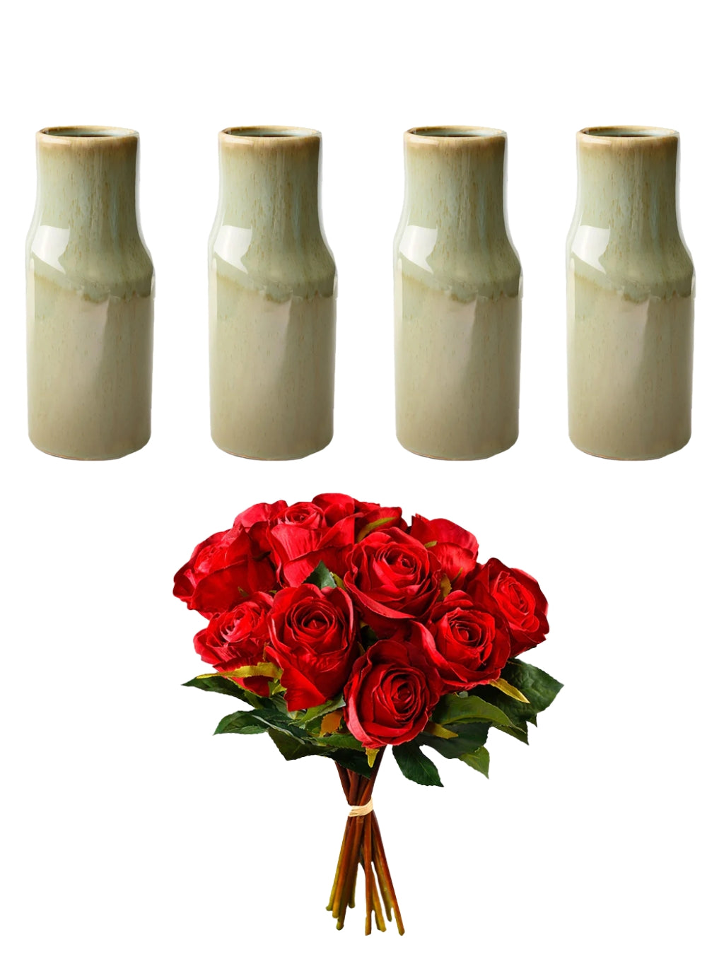 Bundle: Elora Glazed Ceramic Cylinder Vase (Pack of 4) & Red Silk Rose Bouquet (Pack of 1)