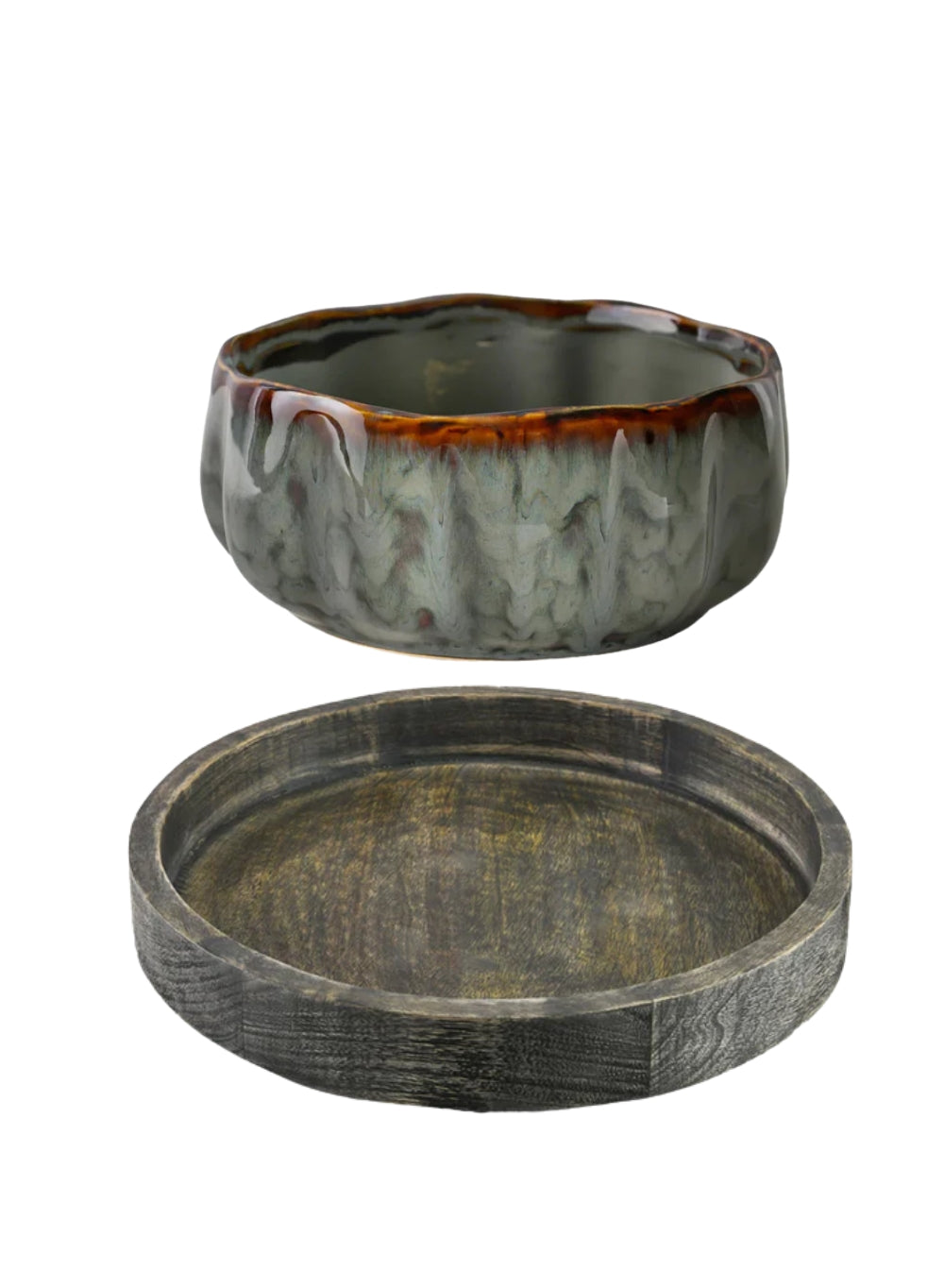 Bundle: Dark Wood Round Tray (Pack of 1) & Emberstone Ceramic Bowl (Pack of 1)