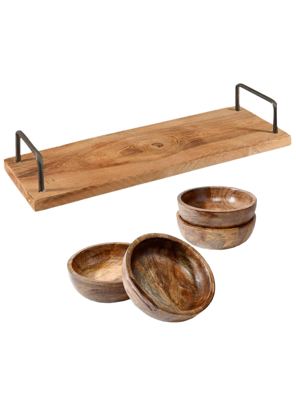 Bundle: Hearthlyn Wood Tray with Metal Handles (Pack of 1) & Decorative Mango Wood Bowl (Pack of 4)