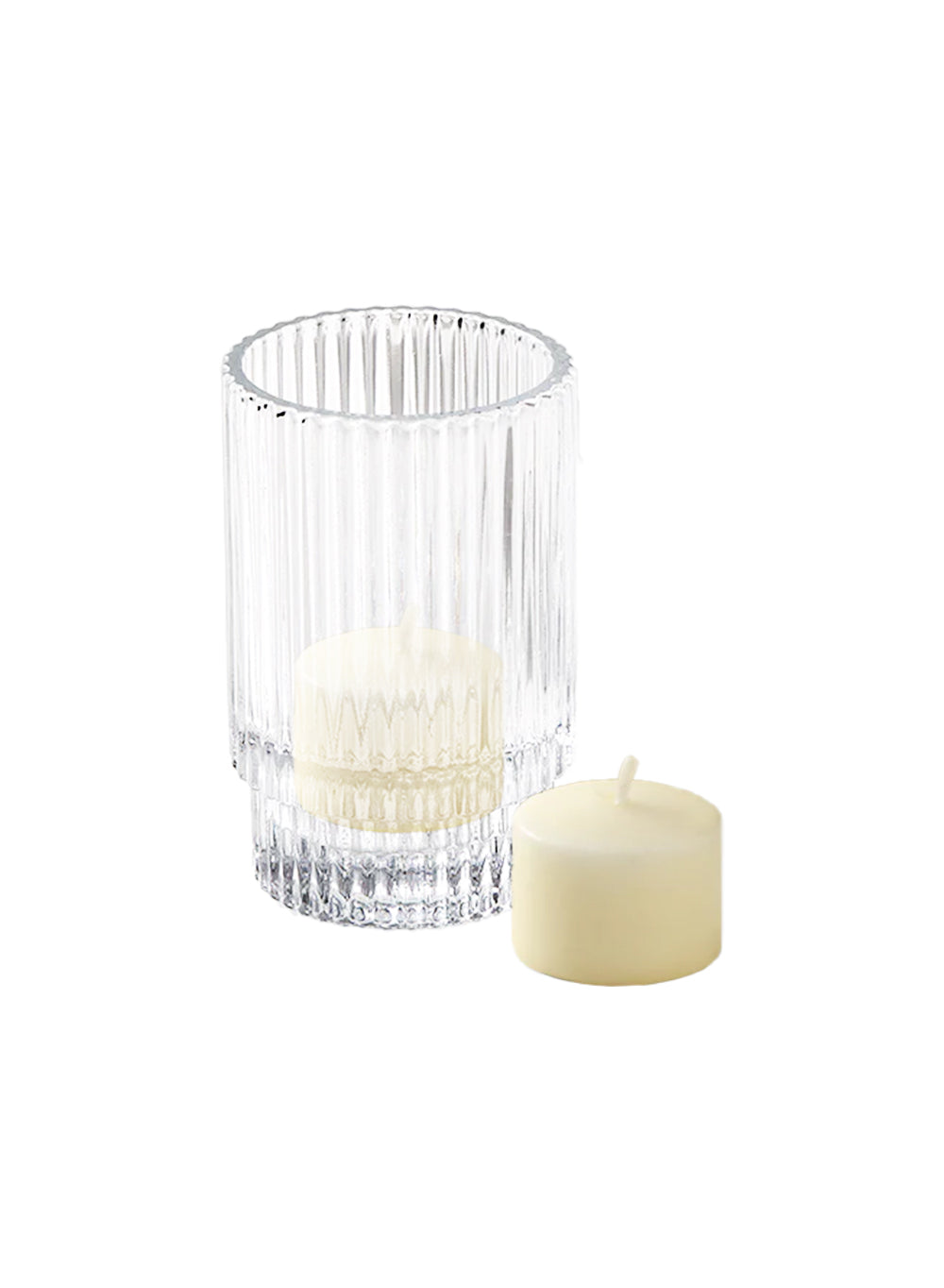 Bundle: Clear Ribbed Glass Votive Holders with Ivory Votive Candles