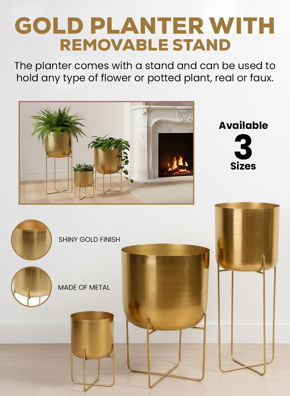 Gold Planter with Detachable Metal Stand, in 4 Sizes
