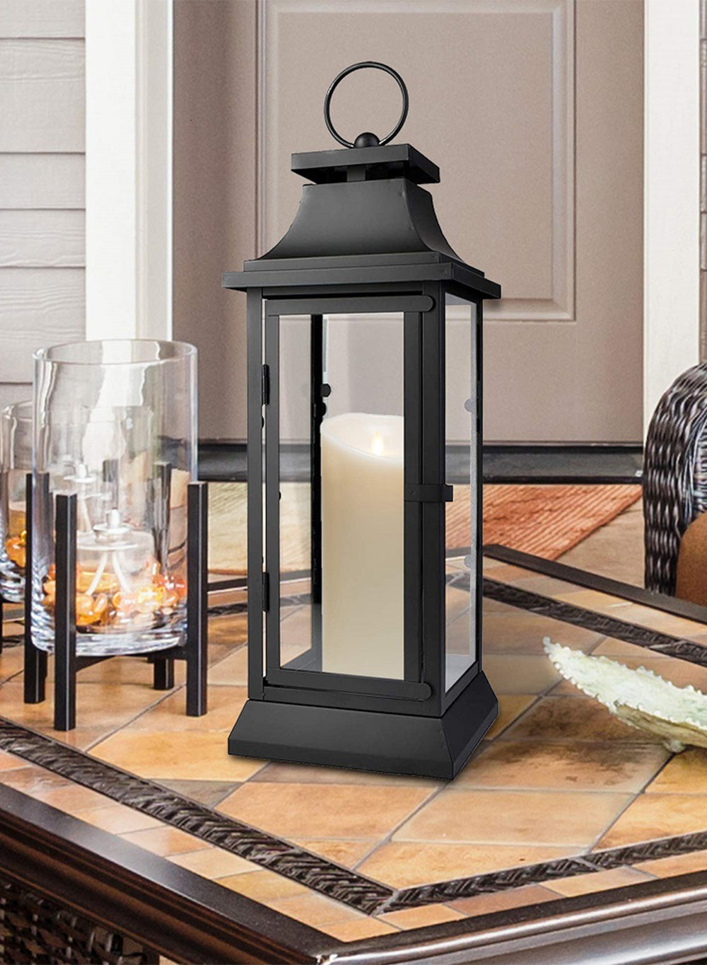 Serene Spaces Living Black/ White Hurricane Lanterns, in 3 sizes