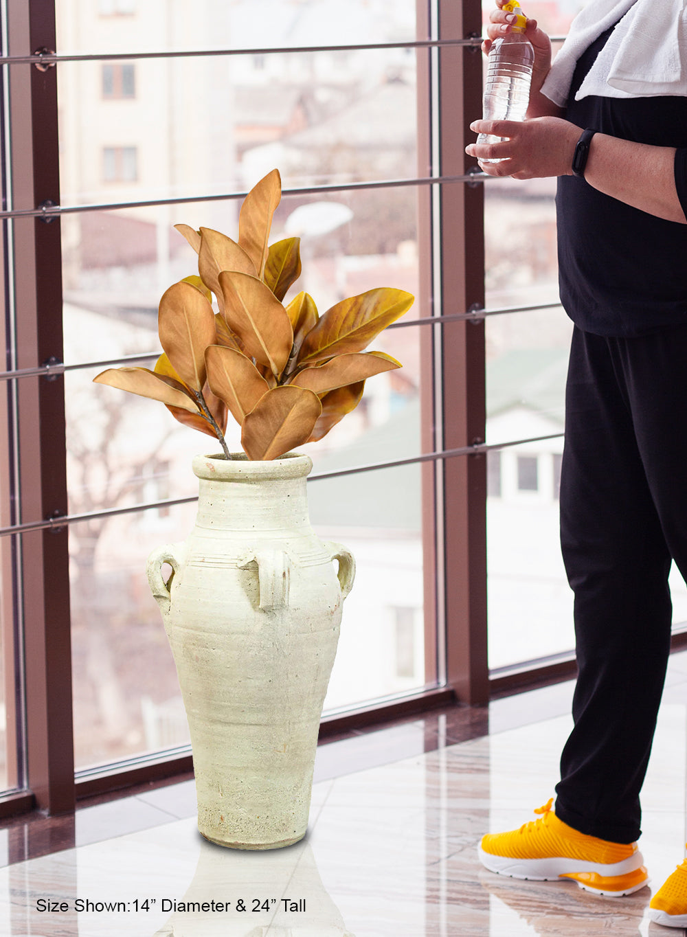 Santorini Four-Handled Clay Floor Vase, 14" Diameter and 24" Tall