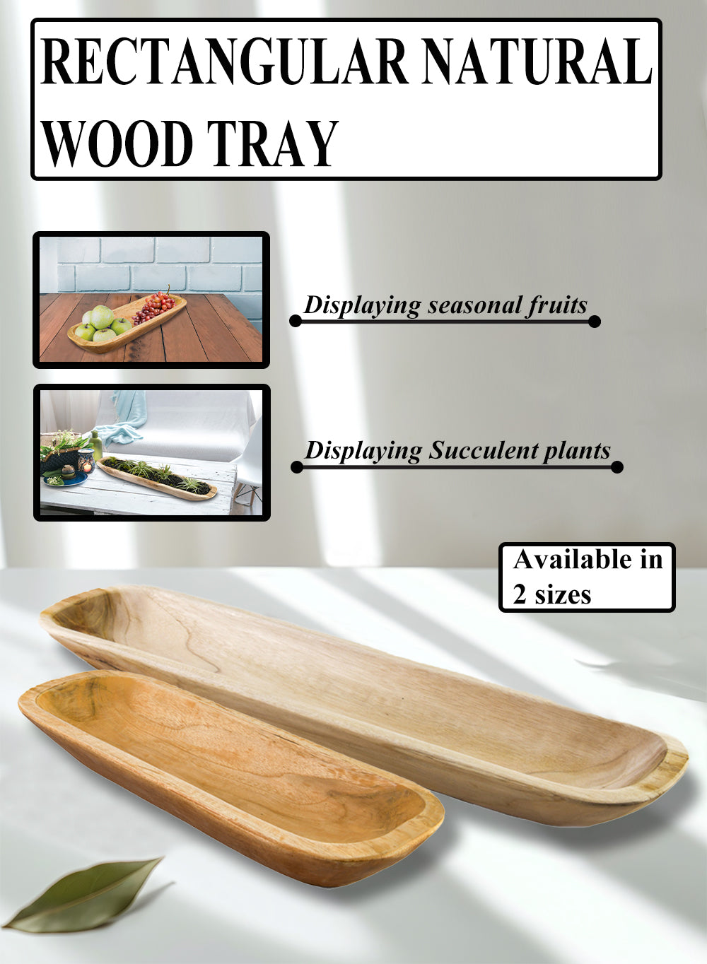 Rectangular Natural Wood Tray, in 2 Sizes