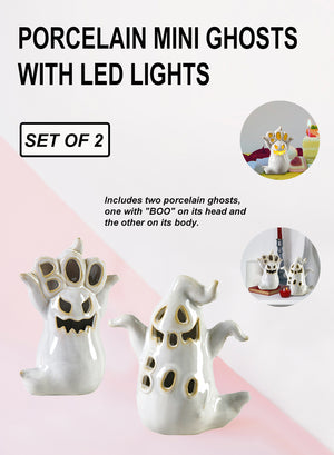 Porcelain Mini Ghosts with LED Lights, Set of 2