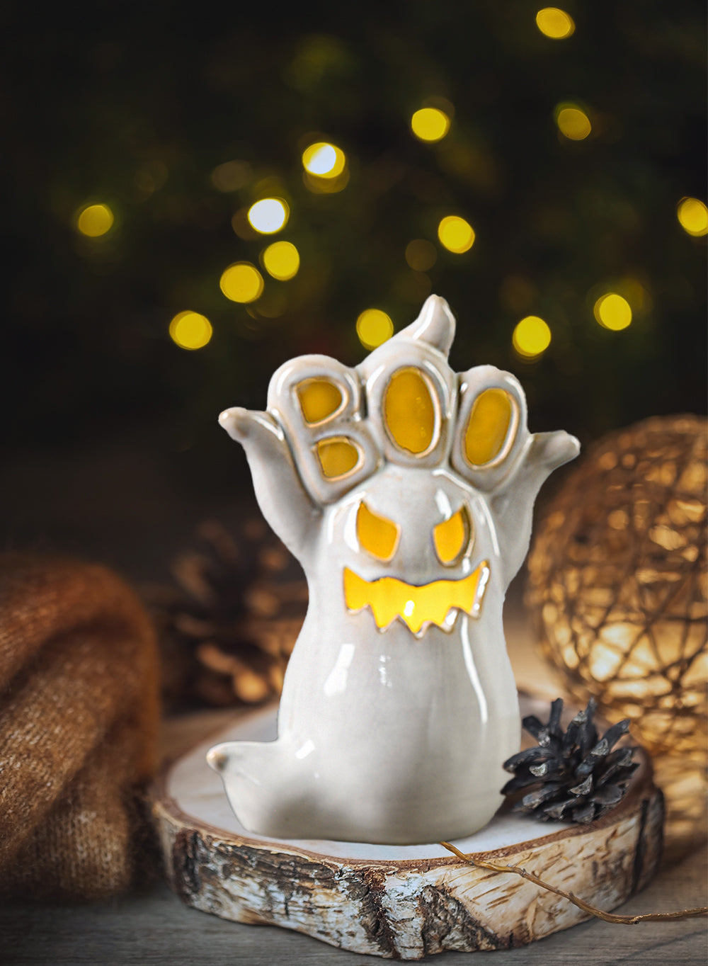 Porcelain Mini Ghosts with LED Lights, Set of 2