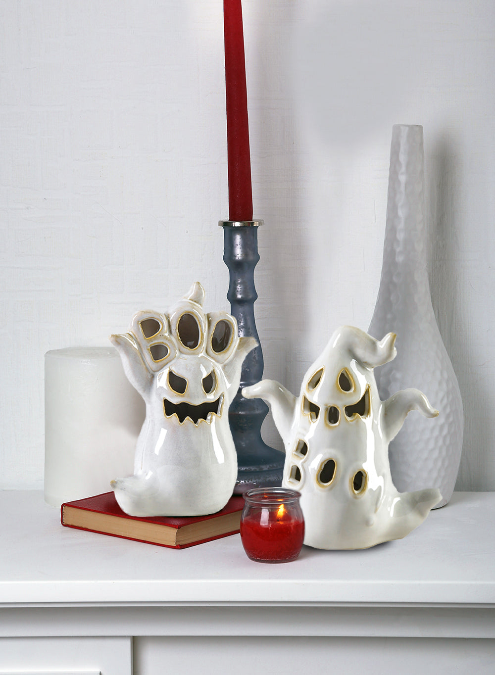 Porcelain Mini Ghosts with LED Lights, Set of 2