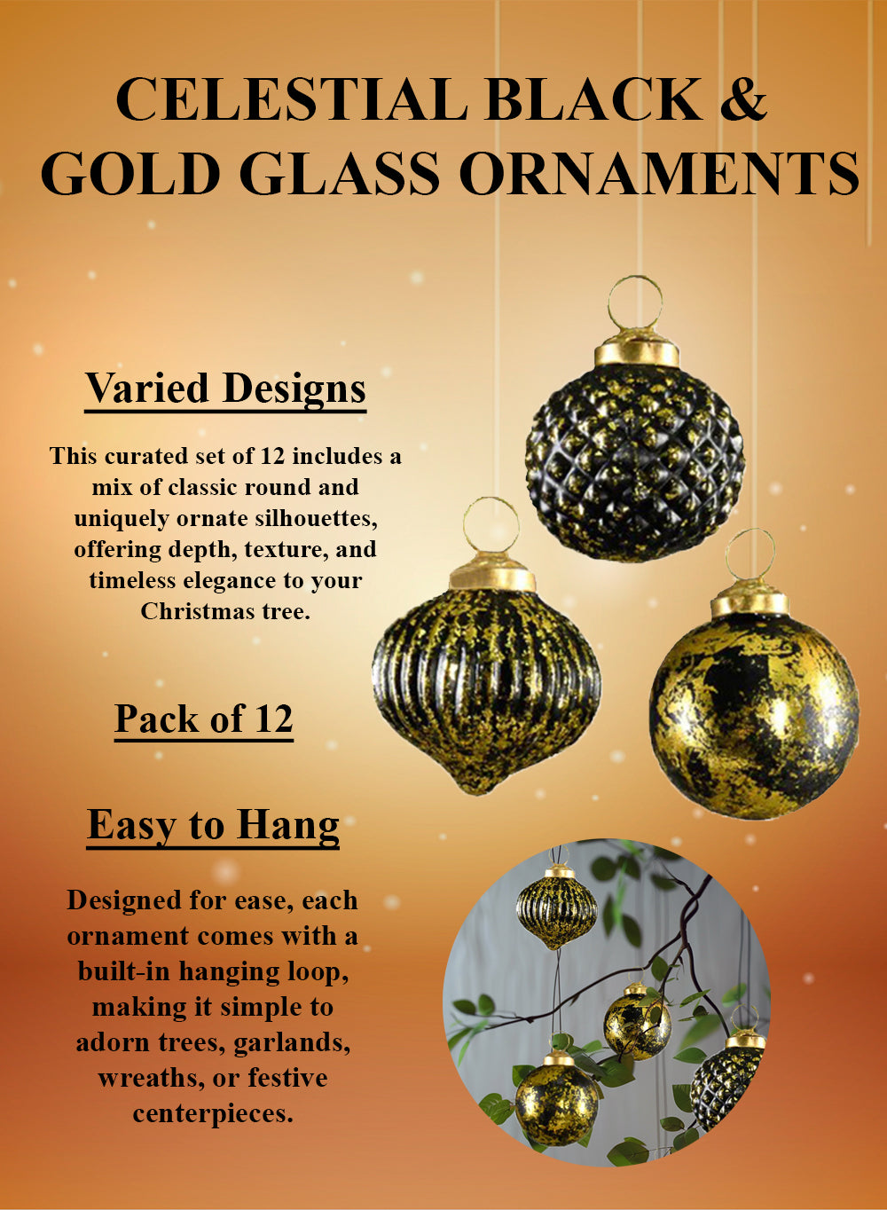 2" Celestial Black & Gold Glass Ornament, Pack of 12