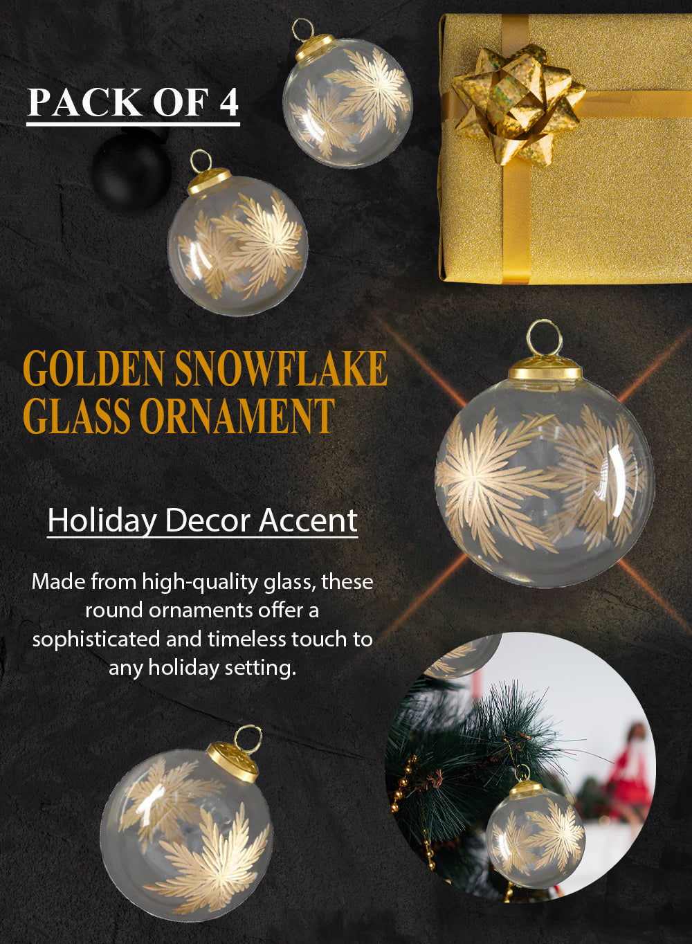 4" Golden Snowflake Glass Ornament, Pack of 4
