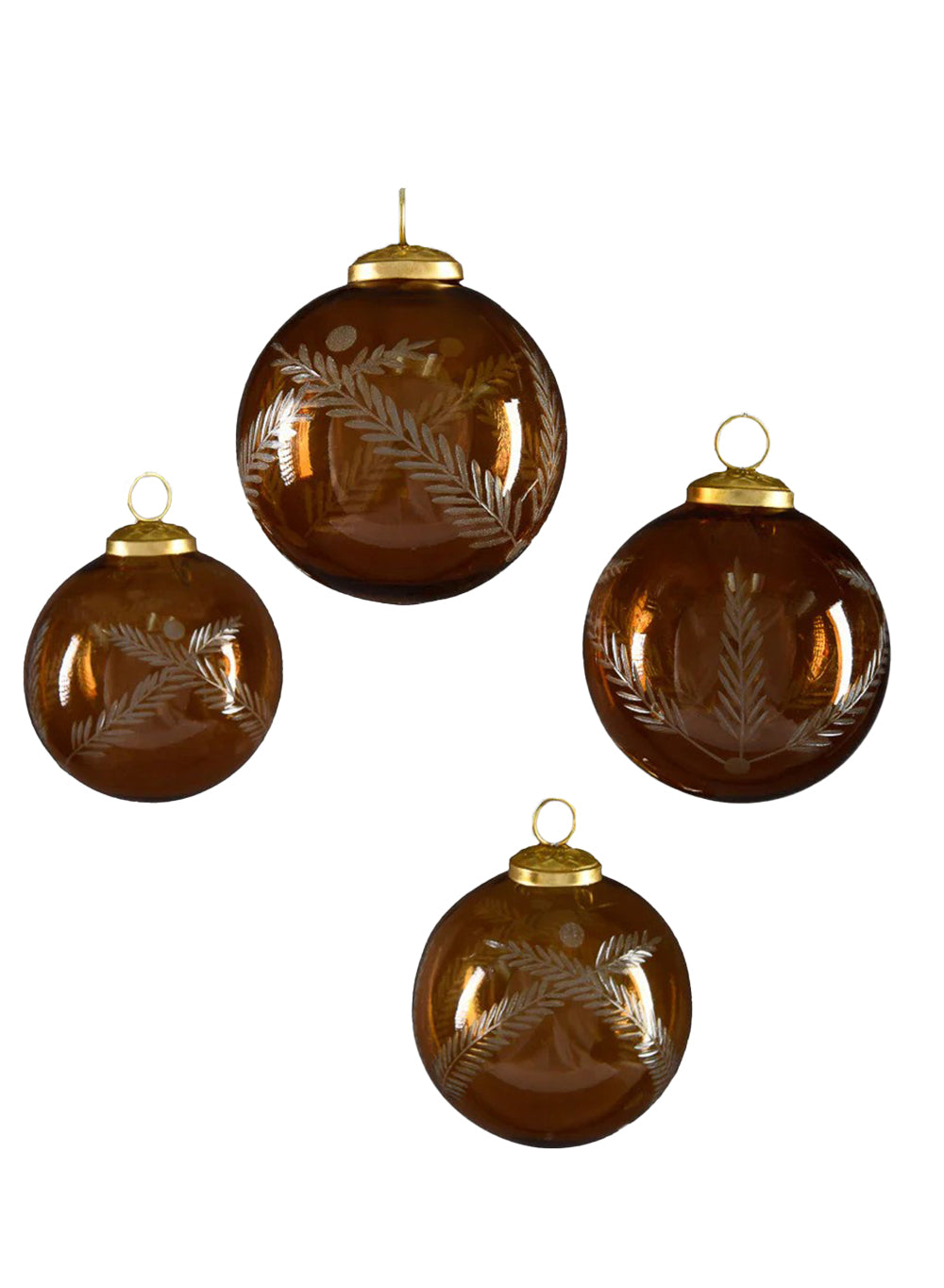 4" Amber Palm Etched Glass Ornament, Pack of 4