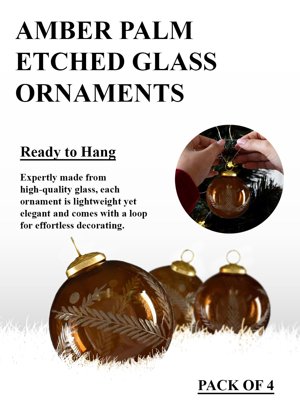 4" Amber Palm Etched Glass Ornament, Pack of 4